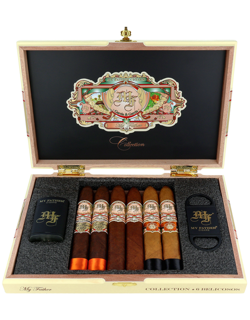 My Father Collection Assortment of 6 Belicosos | Gift Set With Lighter & Cutter Box Open