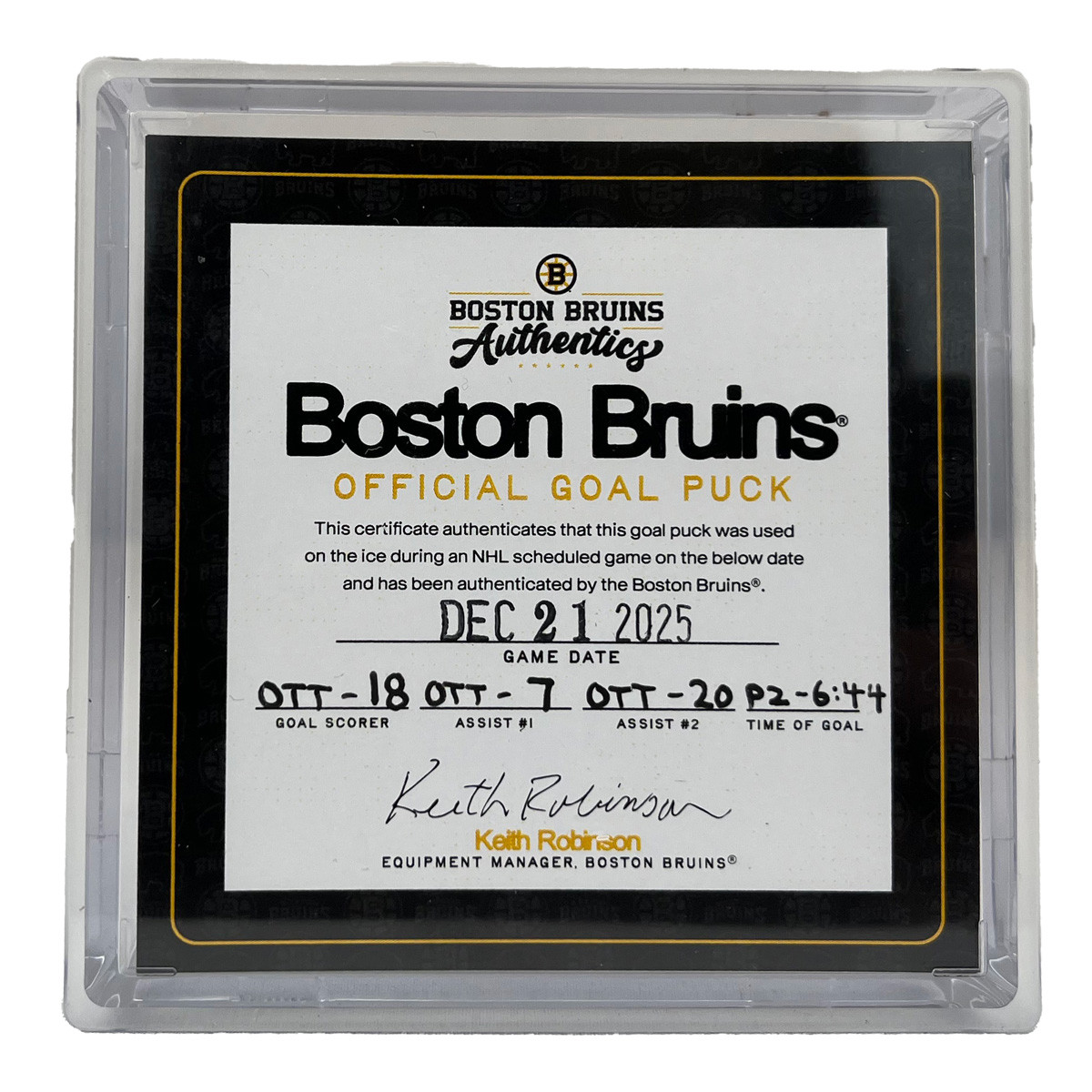 Game-Used Tim Stutzle (Ottawa Senators) Goal Puck - 12/21/2025