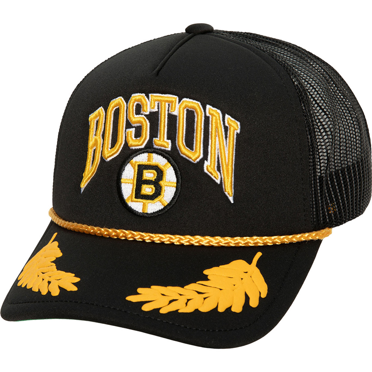 Men's Mitchell & Ness Black Boston Bruins Gold Leaf Trucker Snapback Hat