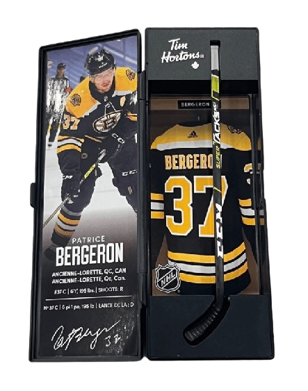 Patrice Bergeron Signed Boston Bruins Tim Hortons Mini Stick & Locker