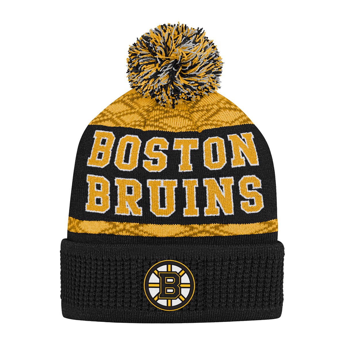 Bruins Youth Puck Pattern Pom Knit Hat Boston Bruins 2023 Pom-Pom Knit Beanie Gift School Sporty Travel Unisex Winter main image 0
