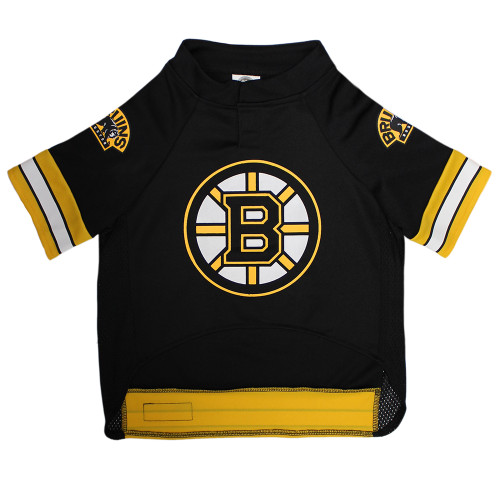 Puppy wearing Boston Bruins Hockey Jersey