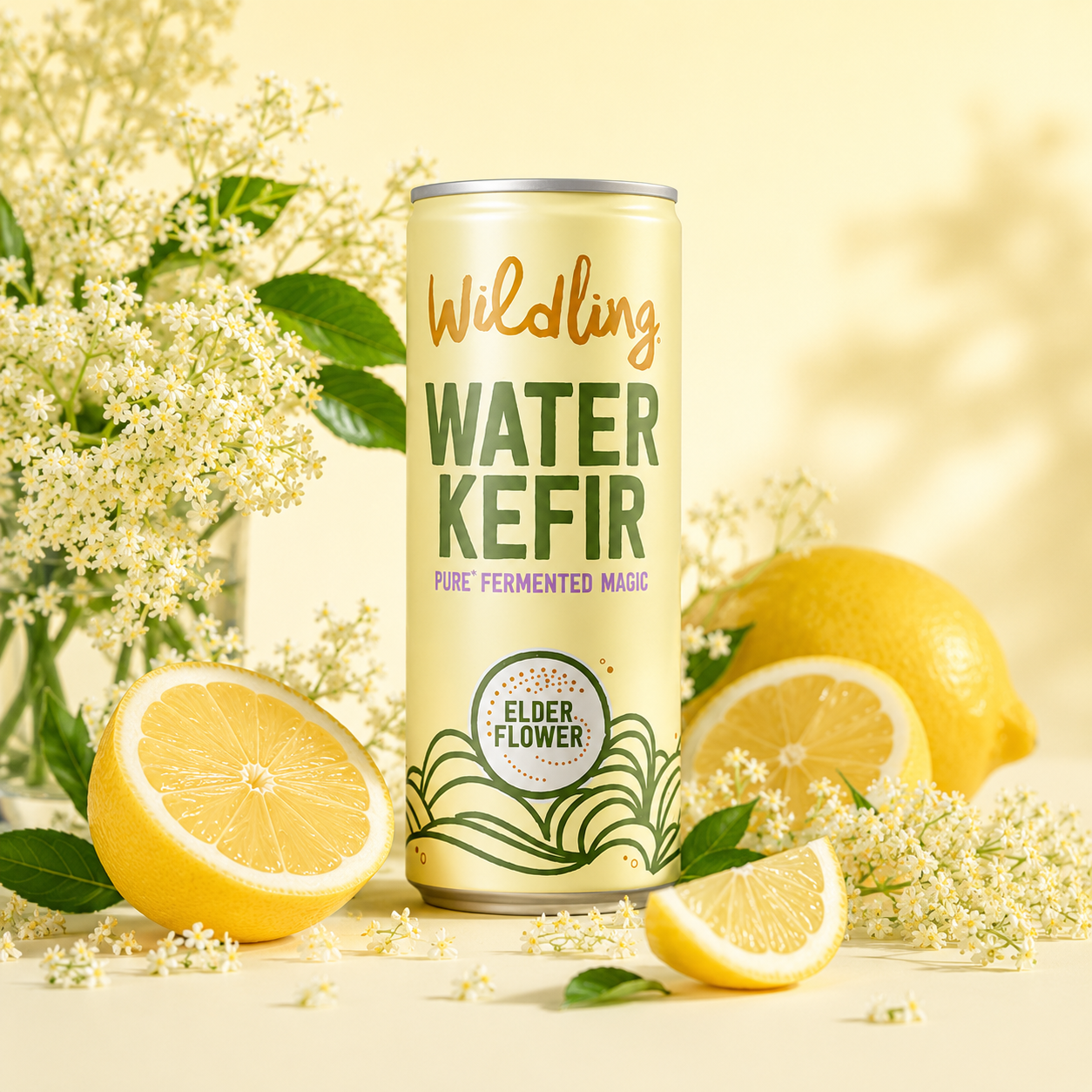 Wildling Lemon and Elderflower Water Kefir with fresh lemon and elderflower