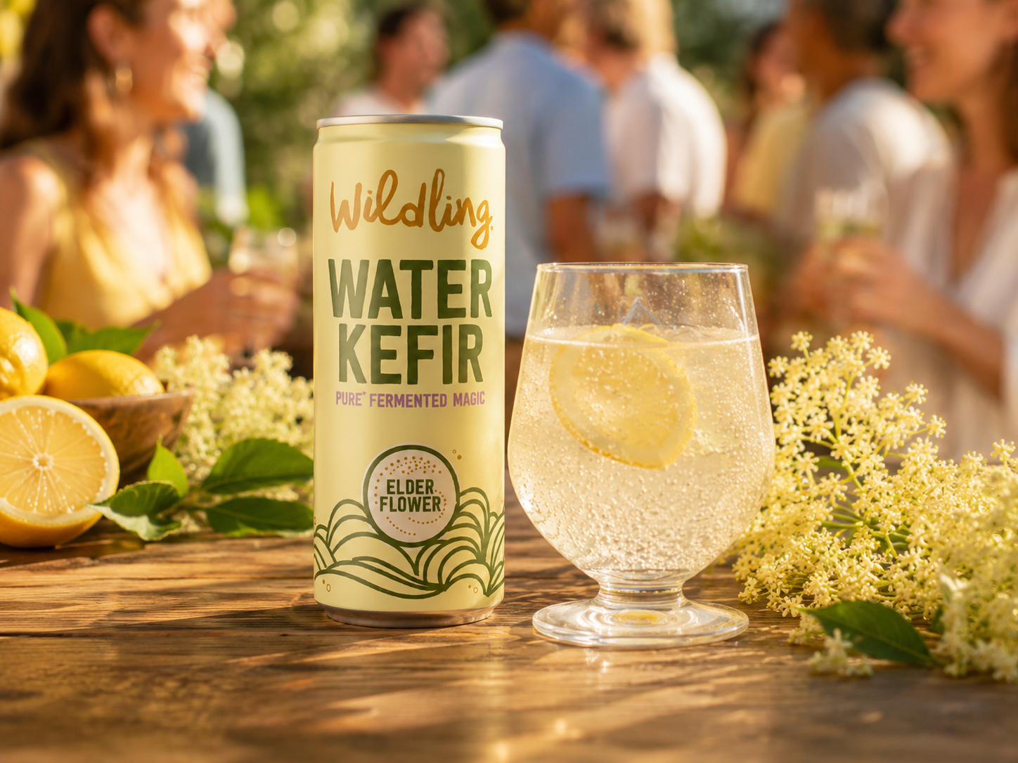 Wildling Lemon and Elderflower Water Kefir served over ice at a summer table