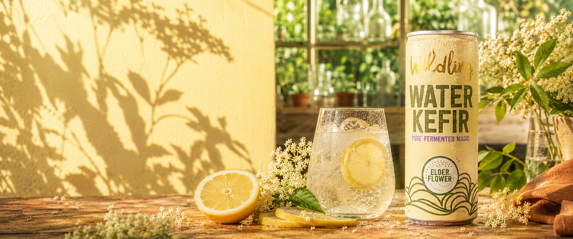 Wildling Lemon and Elderflower Water Kefir served cold with lemon, ice and fresh elderflower