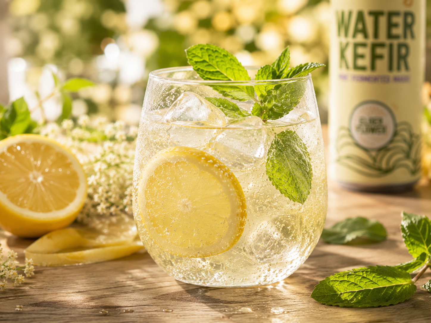 Lemon and mint Wildling Water Kefir served over ice