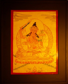 Manjushri Gold Painted Thangka framed.