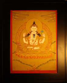 Four Armed Chenrezig Gold Painted  Thangka has framed.