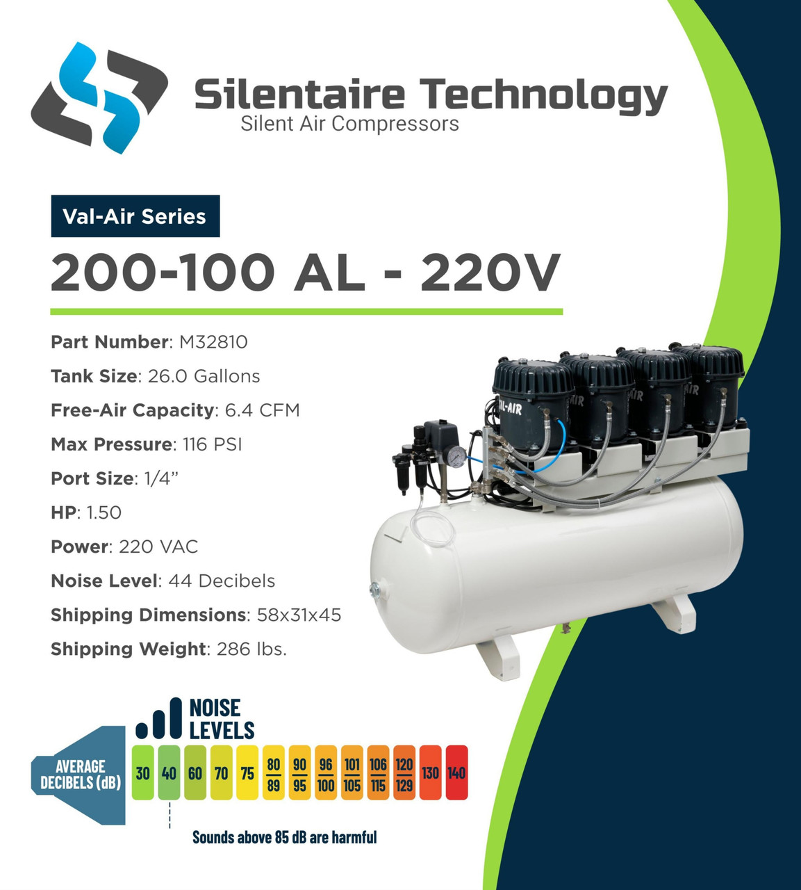 Silentaire VAL-Air 200-100-AL 2HP Air Compressor (220V)
