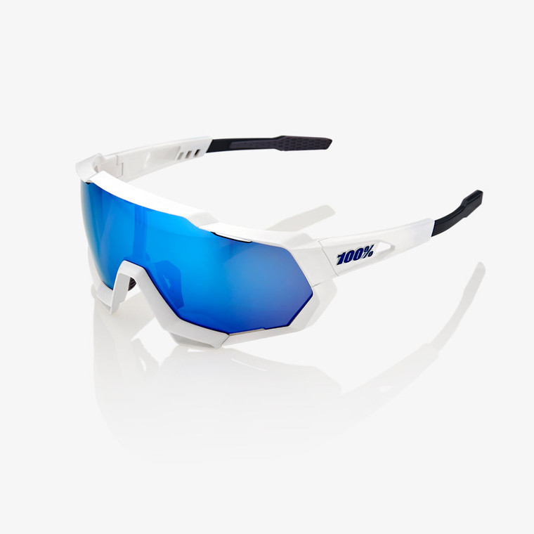 2023 100% SPEEDTRAP® Matte White HiPER® Blue Multilayer Mirror Lens Sunglasses