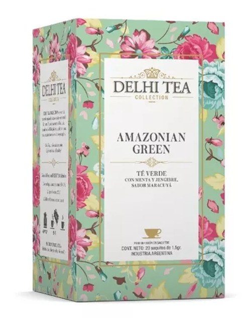 Delhi Tea Amazonian Green Té Verde con Menta y Jengibre Sabor Maracuya, 30 g / 1.05 oz (20 saquitos)