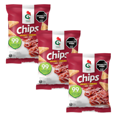 Gallo Snack Chips Crocantes y Horneados Sabor Jamón, 100 g / 3.52 oz ea (pack de 3 unidades)