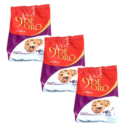 9 de Oro Galletitas con Avena y Pasas, 120 g / 4.23 oz ea (pack de 3 unidades)