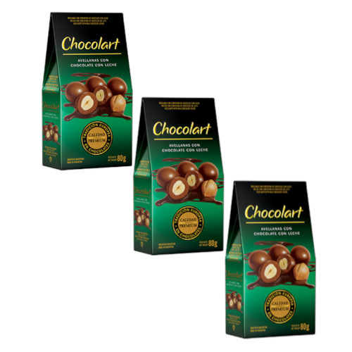 Chocolart Avellanas Cubiertas con Chocolate con Leche, 80 g / 2.82 oz ea (pack de 3 unidades)