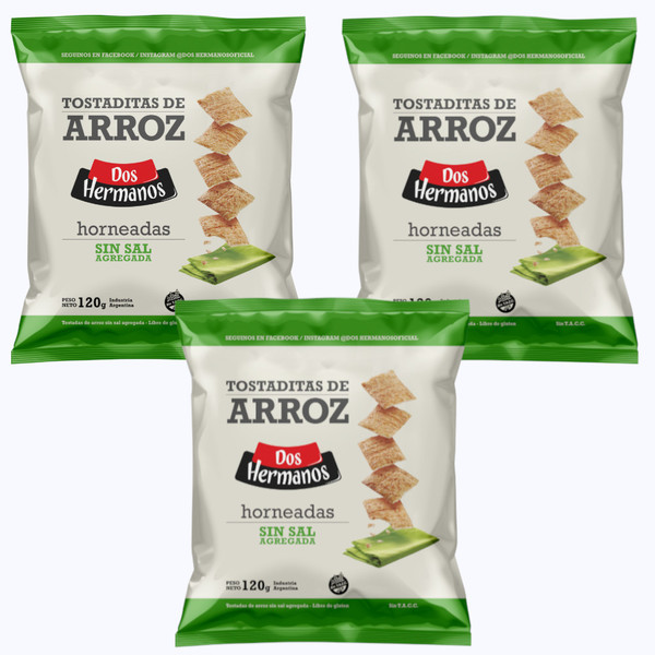 Dos Hermanos Tostaditas de Arroz sin Sal, 360 g / 12.69 oz (pack de 3 unidades)