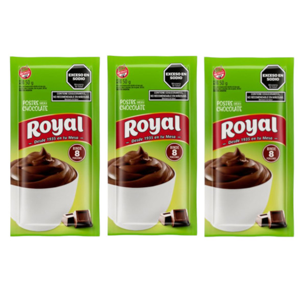 Royal Postre Light en Polvo Sabor Chocolate, 50 g / 1.76 oz ea (pack de 3 unidades)