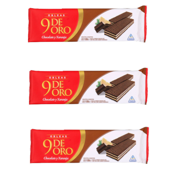 9 de Oro Obleas de Chocolate con Relleno Sabor Naranja, 100 g / 3.52 oz ea (pack de 3 unidades)