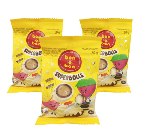 Bon o Bon Superbolls Bolitas de Crema de Maní con Cobertura de Chocolate con Leche y Chocolate Blanco, 80 g / 2.82 oz ea (pack de 3 unidades)