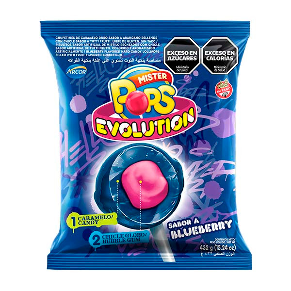 Mr Pops Evolution Chupetín-Chicle de Arándano, 432 g / 15.23 oz ( 24 unidades)