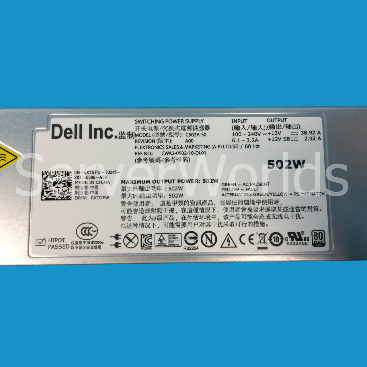 Dell XTGFW Poweredge R610 502W Power Supply C502A-S0 CWA2-0502-10-DL01