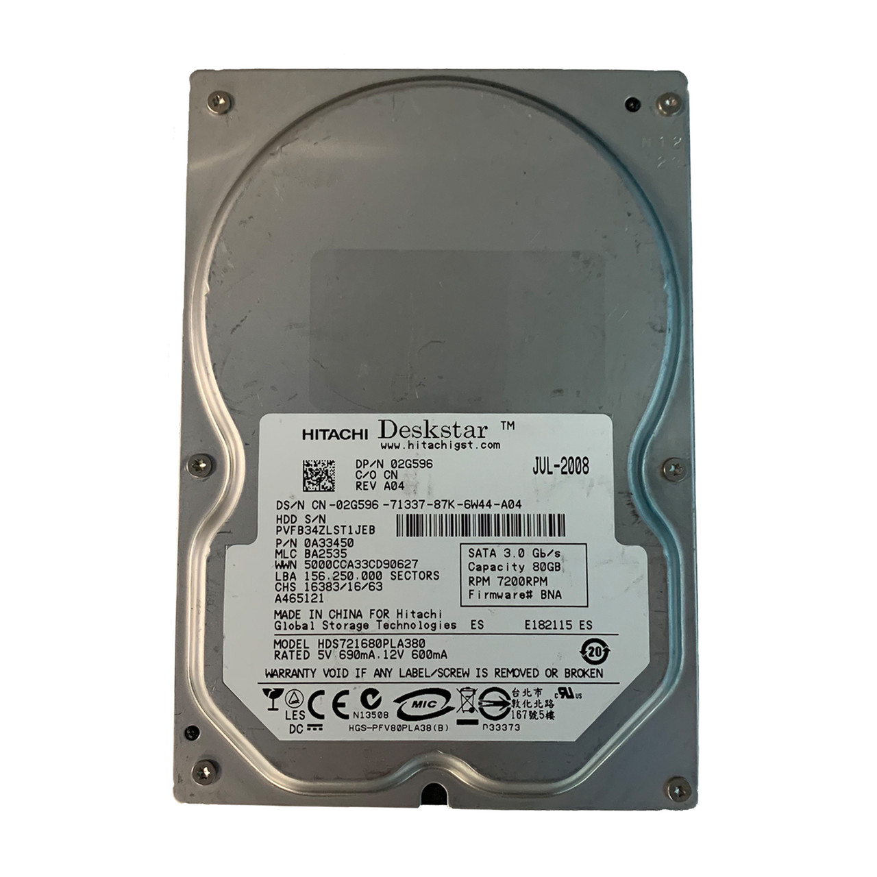 Dell 2G596 80GB SATA 7.2K 3GBPS 3.5" Drive 0A33450 HDS721680PLA380