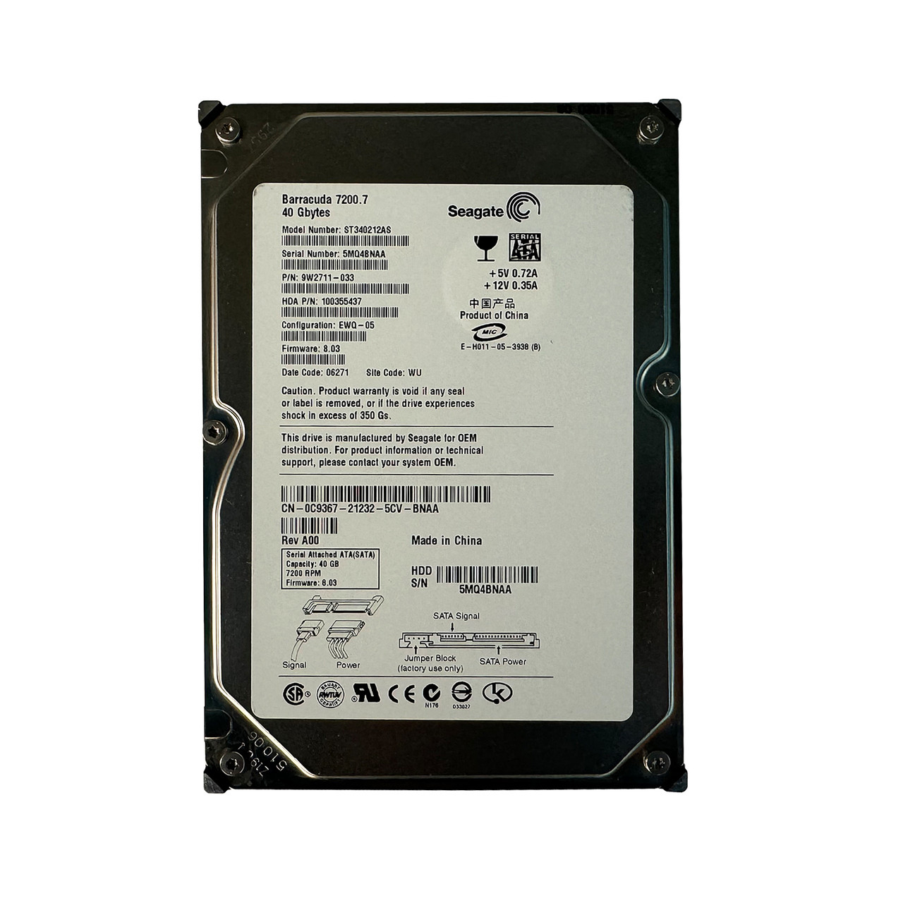 Dell C9367 40GB 7.2K SATA 3.5" Drive ST340212AS 9W2711-033