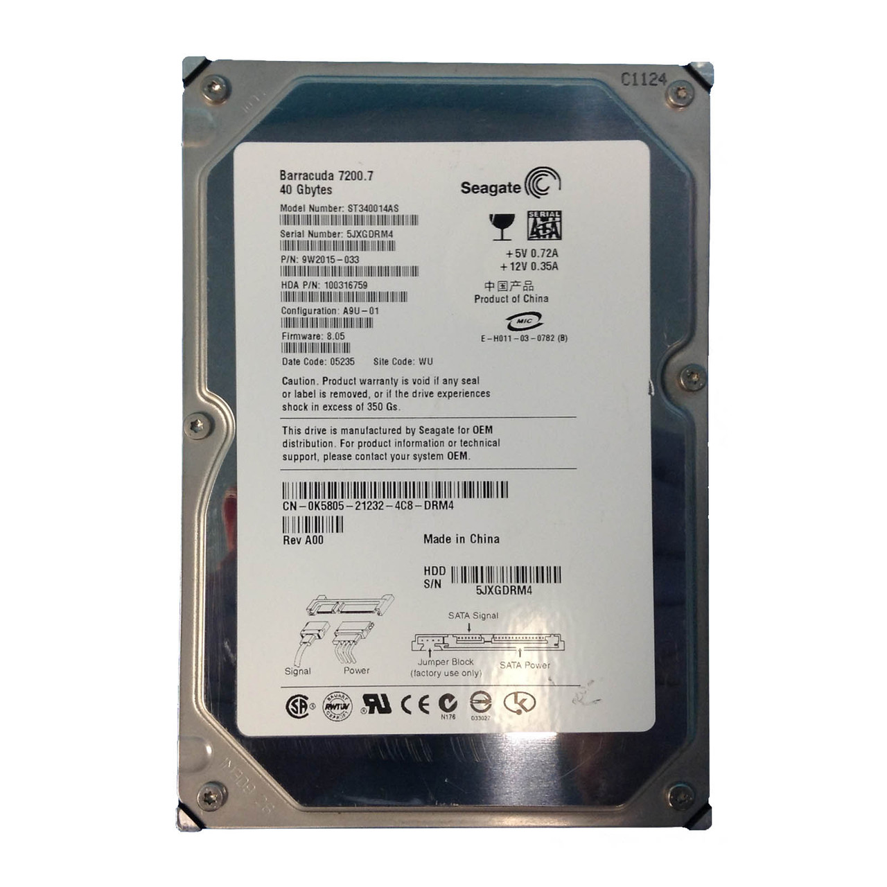 Dell K5805 40GB SATA 7.2K 3.5" Drive ST340014AS 9W2015-033