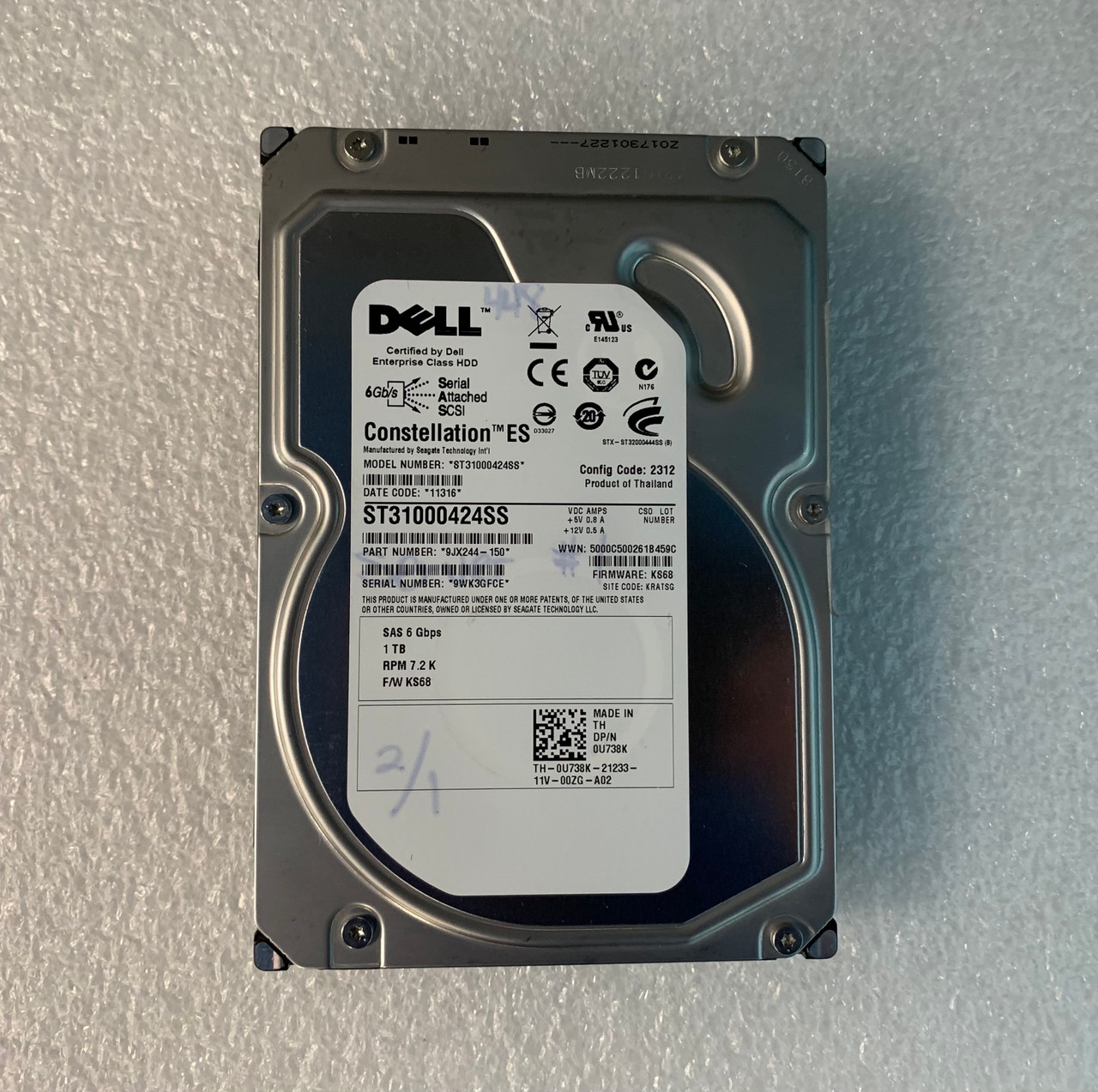 Dell U738K 1TB NL SAS 7.2K 6GBPS 3.5" HDD 9JX244-150 ST31000424SS *Marker*