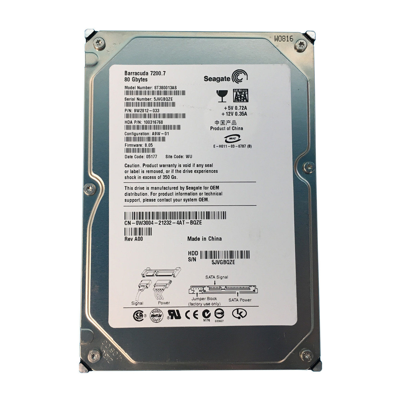 Dell W3004 80GB SATA 7.2K 1.5GBPS 3.5" Drive ST380013AS 9W2812-033