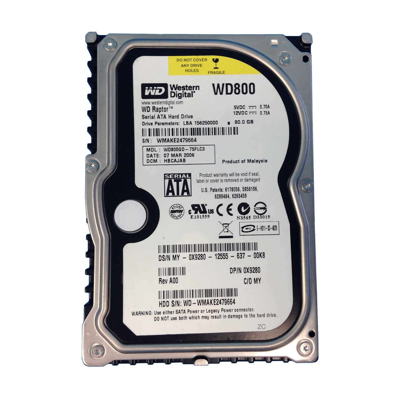 Dell X9280 80GB SATA 10K Raptor 1.5GBPS 3.5" Drive WD800GD-75FLC3