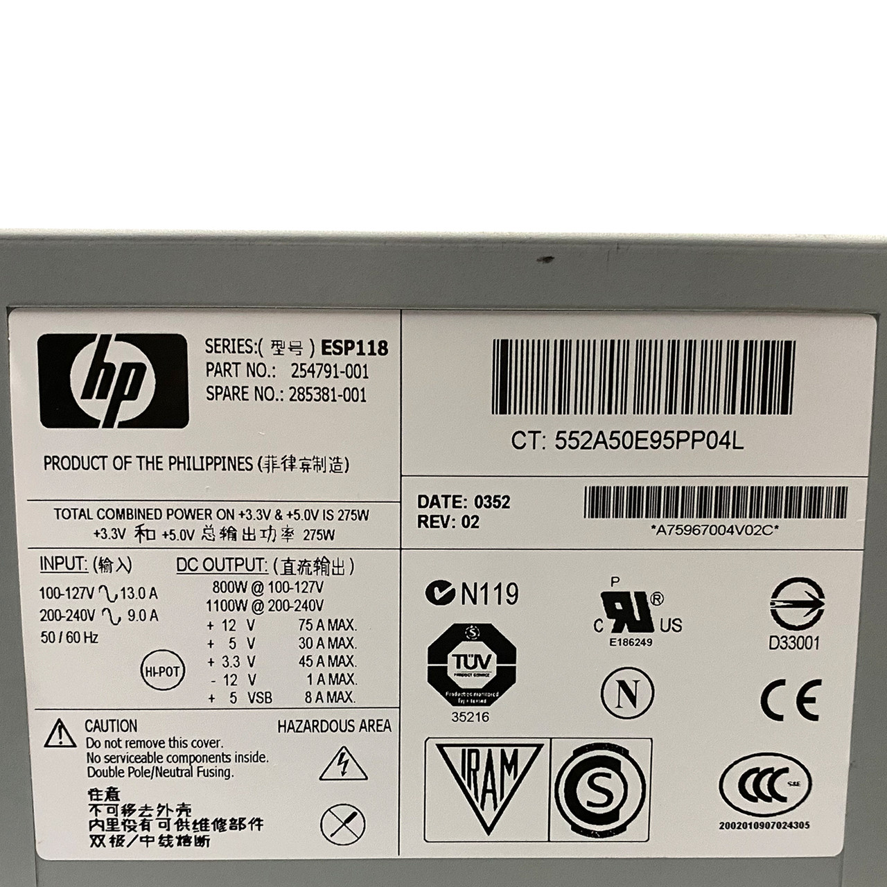 HP 285381-001 DL740 1100W Power Supply ESP118 254791-001