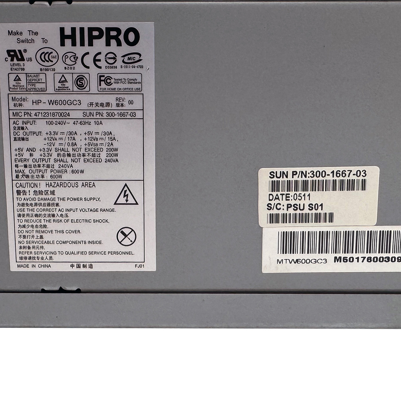 Sun 300-1667 600W Power Supply HP-W600GC3 471234870024
