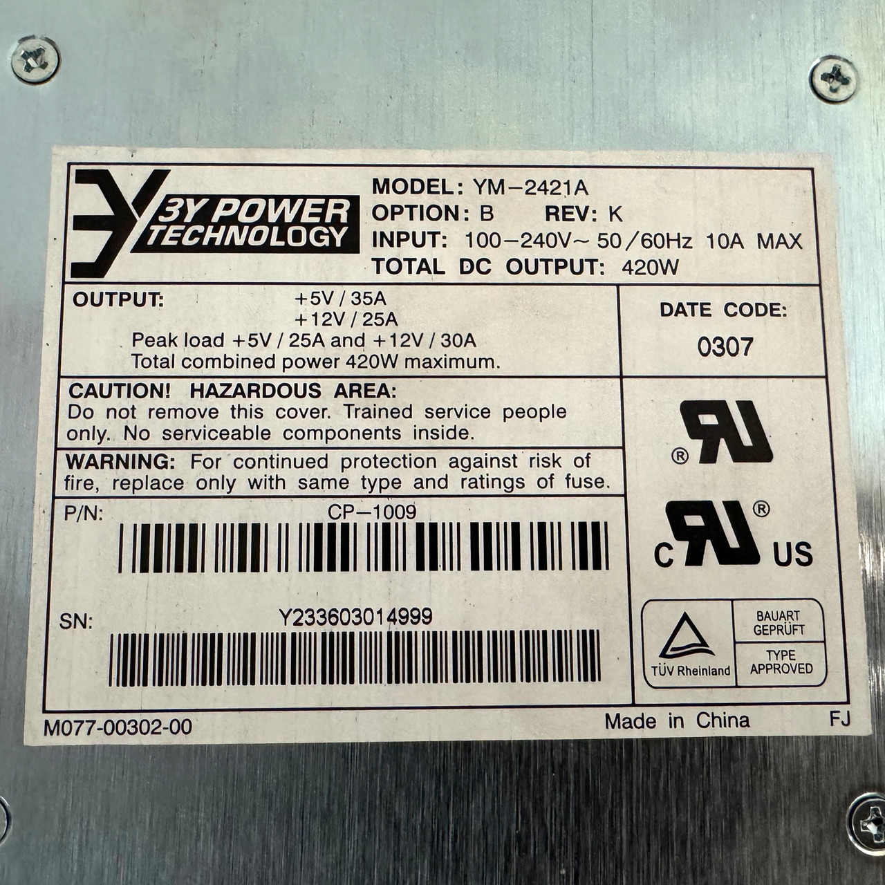SUN 370-5398 3310 420W Power Supply YM-2421A CP-1009