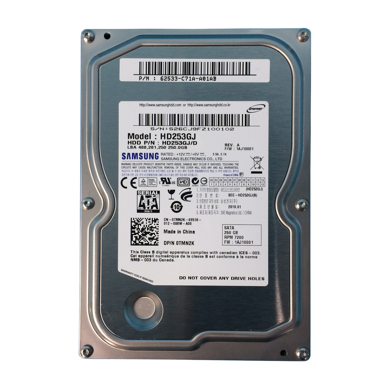 Dell TMN2K 250GB SATA 7.2K 3GBPS 3.5" Drive HD253GJ/D