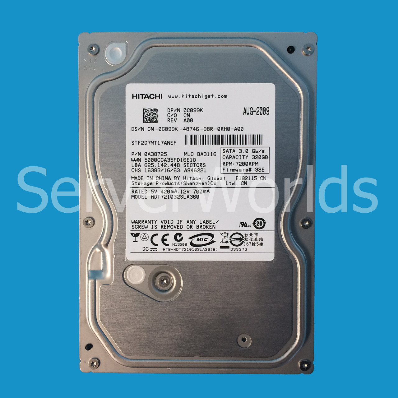 Dell C099K 320GB SATA 7.2K 3GBPS 3.5" Drive 0A38725 HTD721032SLA360