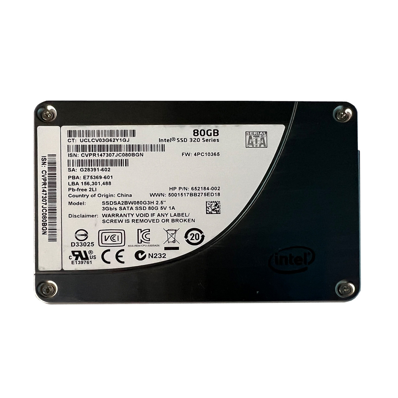 HP 652184-002 80GB SATA 2.5" SSD SSDSA2BW080G3H