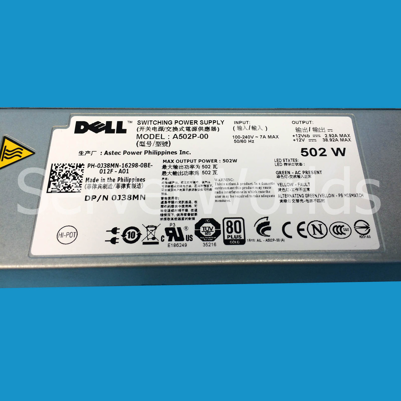 Dell J38MN Poweredge R610 502W Power Supply A502P-00