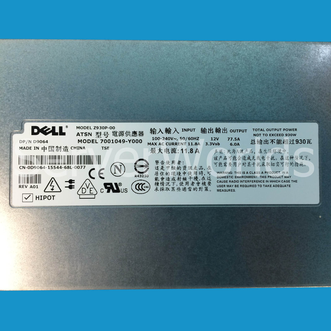Dell D9064 Poweredge 2900 Power Supply Z930P-00 7001049-Y000