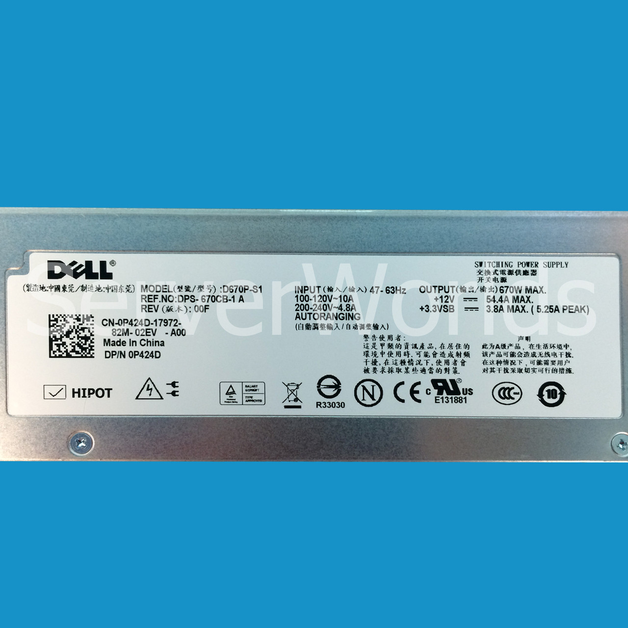 Dell P424D PowerEdge 1950 Power Supply D670P-S1 DPS-670CB-1 A