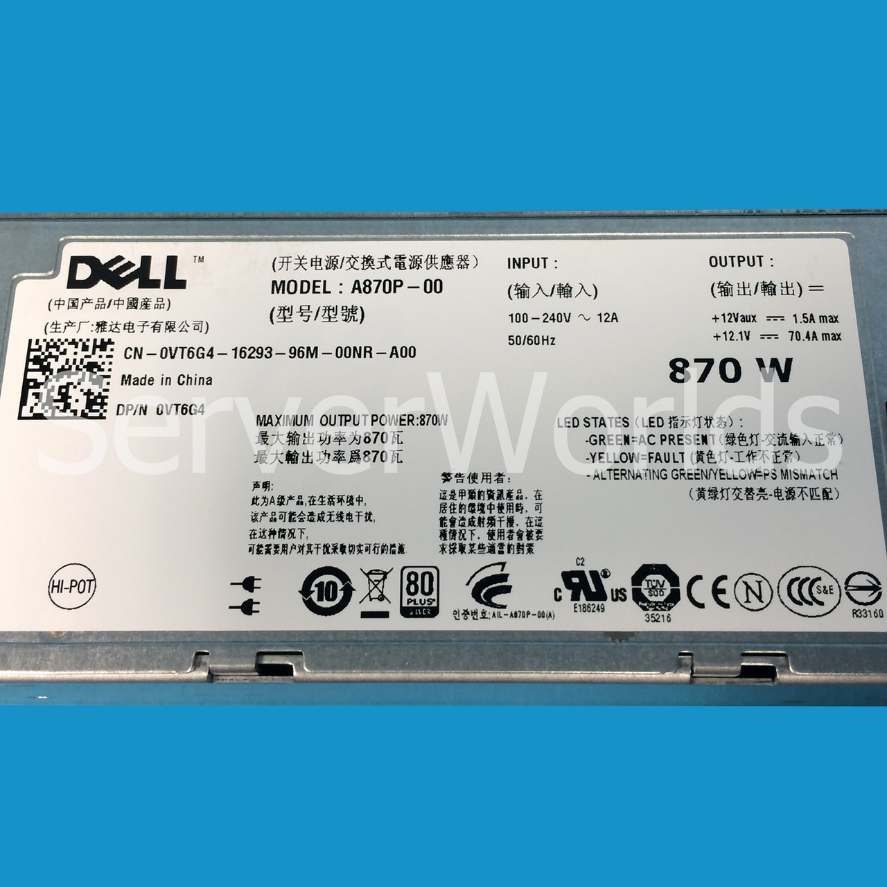 Dell VT6G4 Poweredge R710 870W Power Supply A870P-00