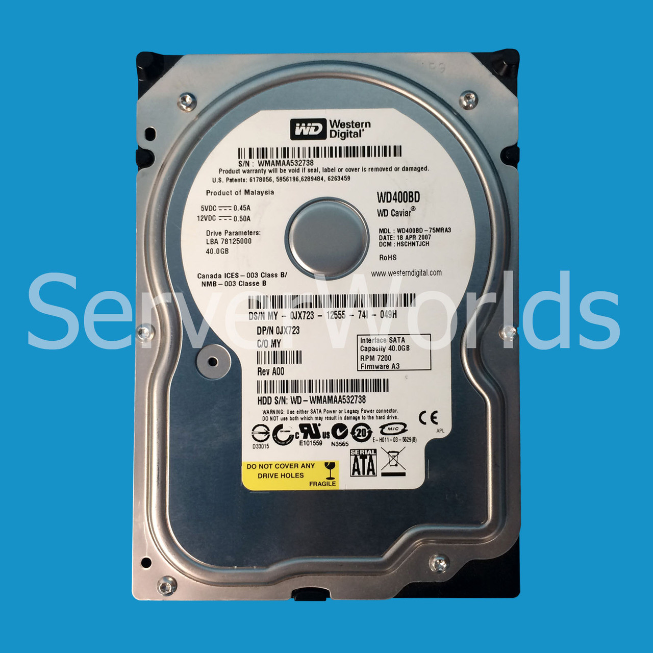 Dell JX723 40GB 7.2K SATA 3.5" Drive WD400BD-75MRA3