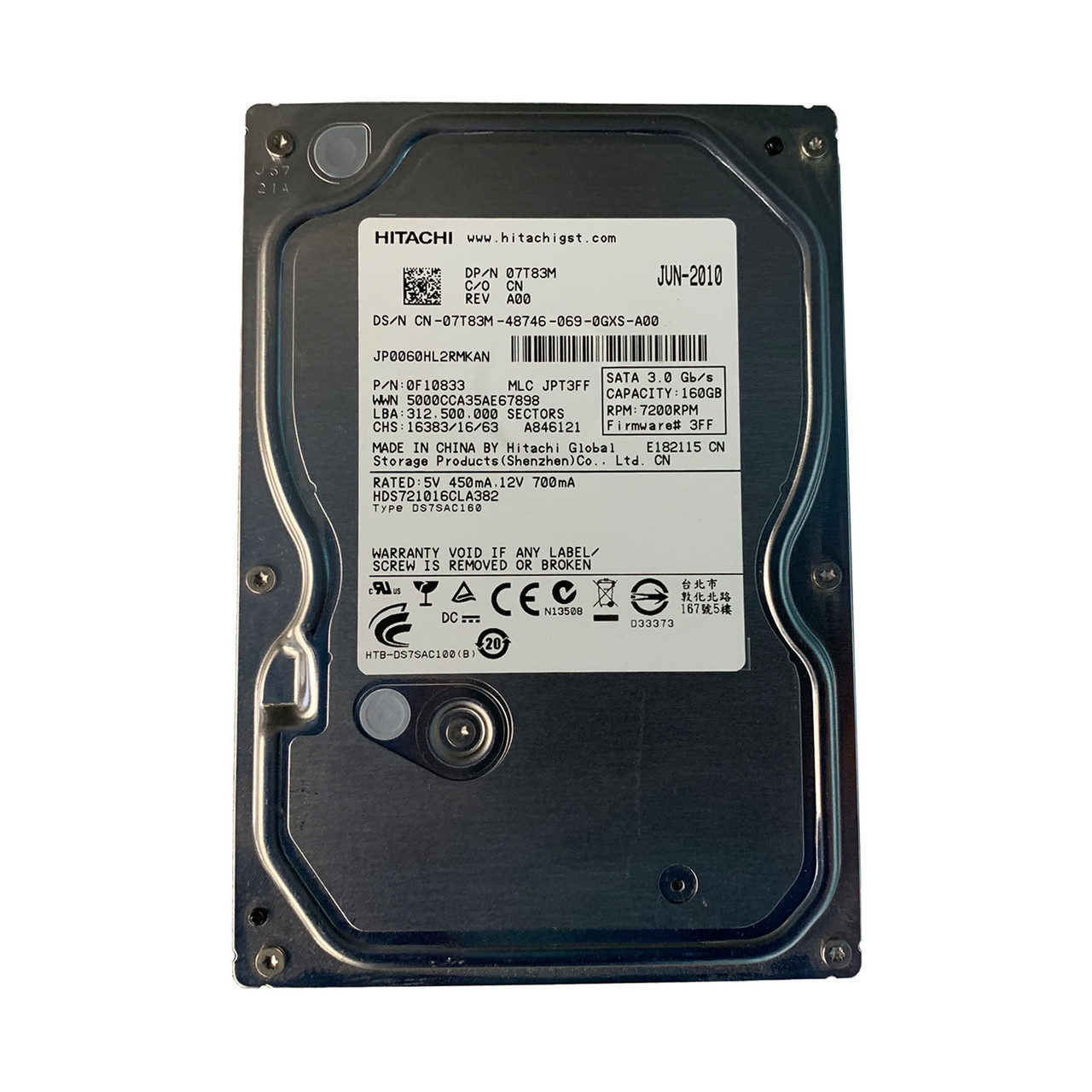 Dell 7T83M 160GB SATA 7.2K 3GBPS 3.5" Drive 0F10833 HDS721016CLA382