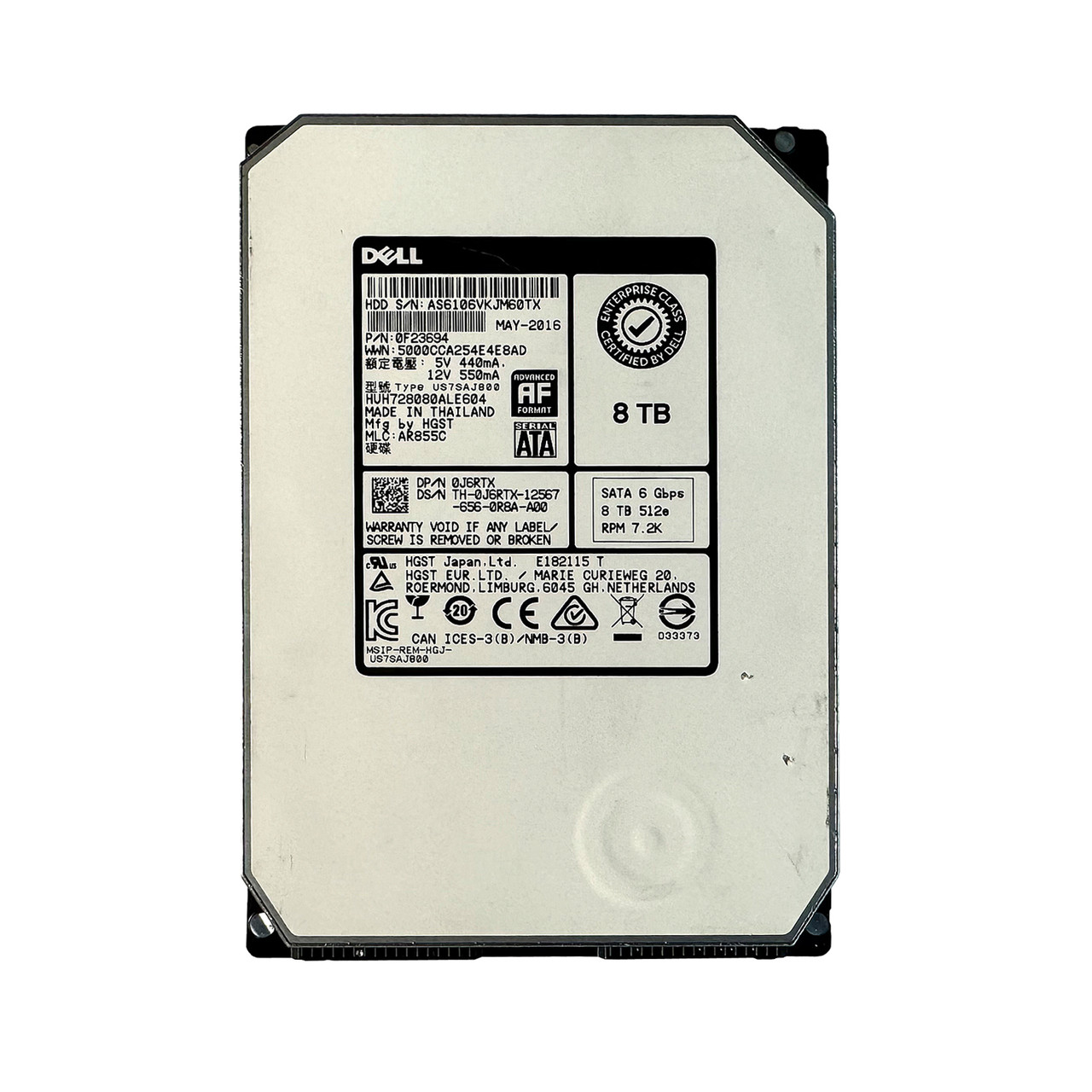 Dell J6RTX 8TB SATA 7.2K 6GBPS Enterprise 3.5" Drive HUH728080ALE604 0F23694