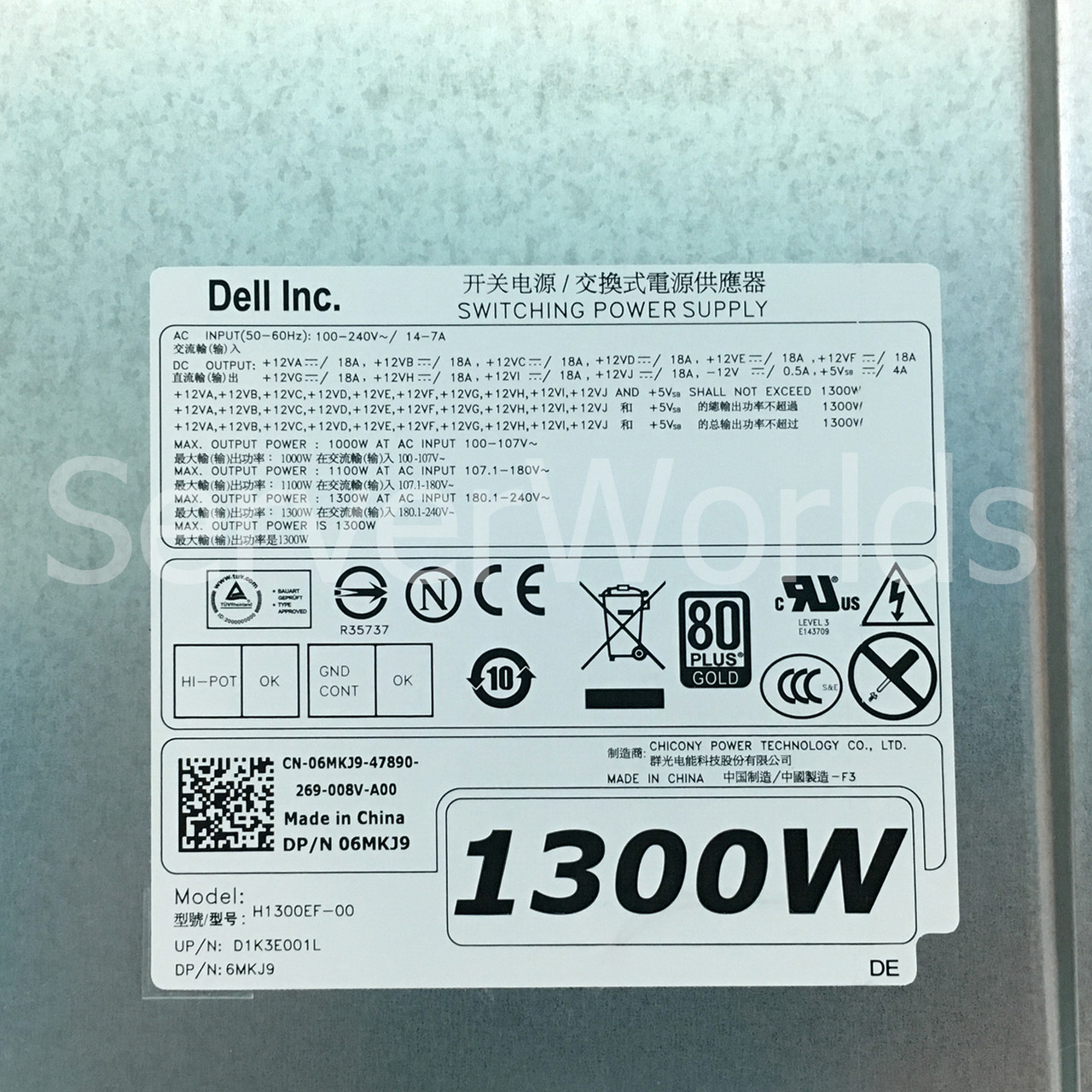 Dell 6MKJ9 Precision T7600 1300W Power Supply H1300EF-00 D1K3E001L