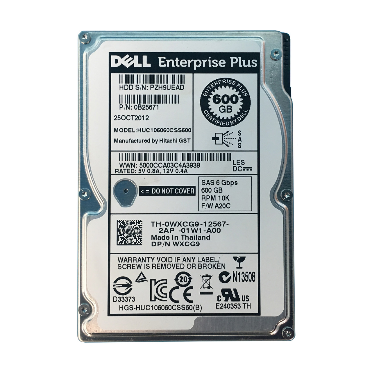 Dell WXCG9 EqualLogic 600GB SAS 10K 6GBPS 2.5" Drive 0B24671 HUC106060CSS600