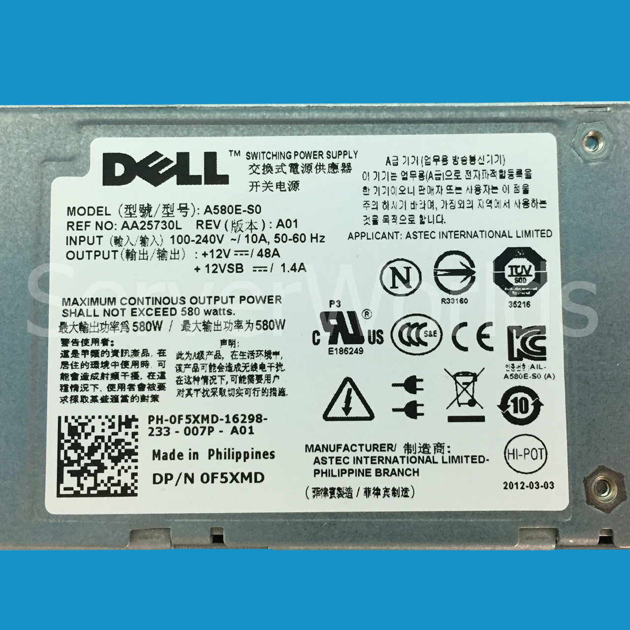 Dell F5XMD Poweredge T410 Redundant Power Supply A580E-S0 AA25730L