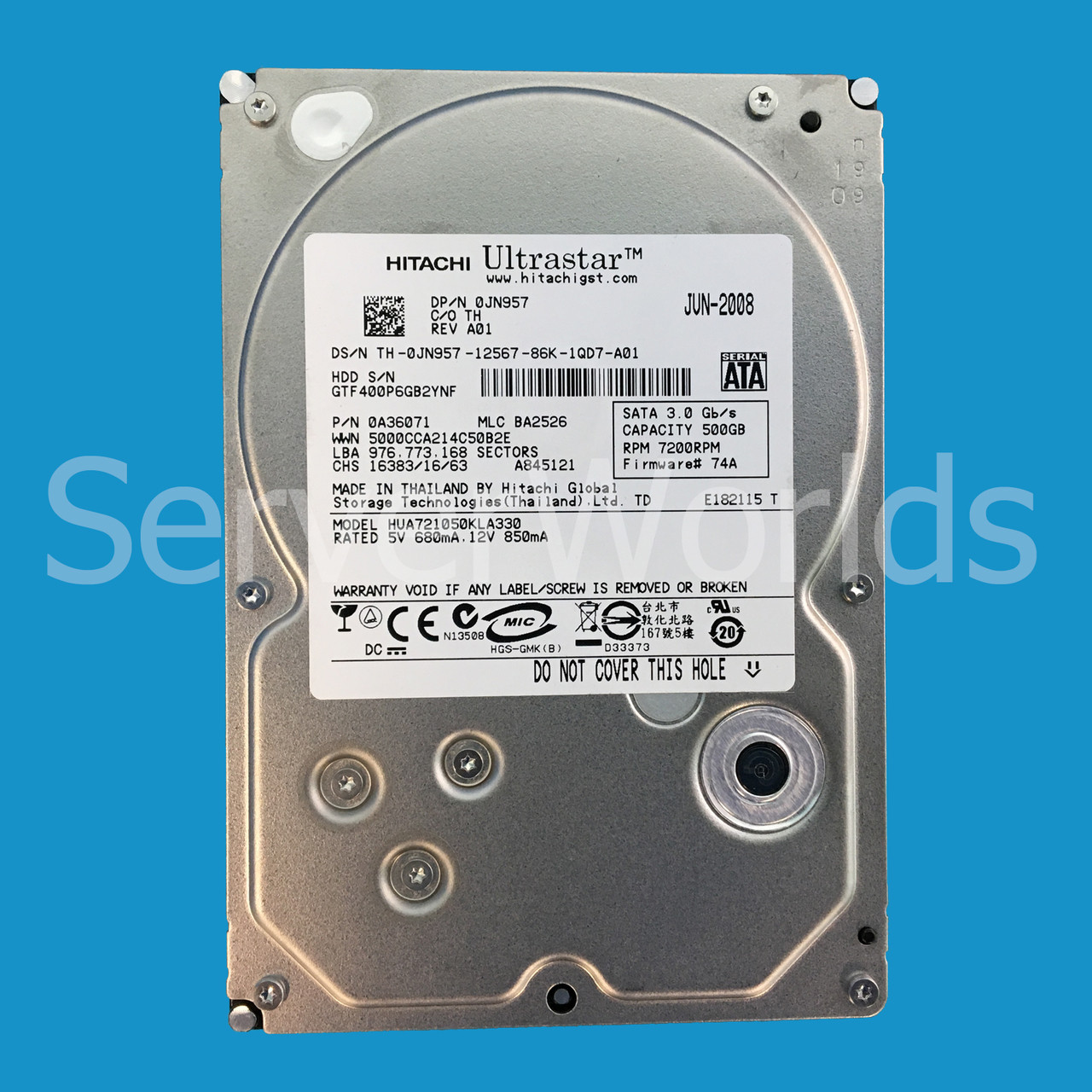 Dell JN957 500GB SATA 7.2K 3GBPS 3.5" Drive HUA721050KLA330 0A36071