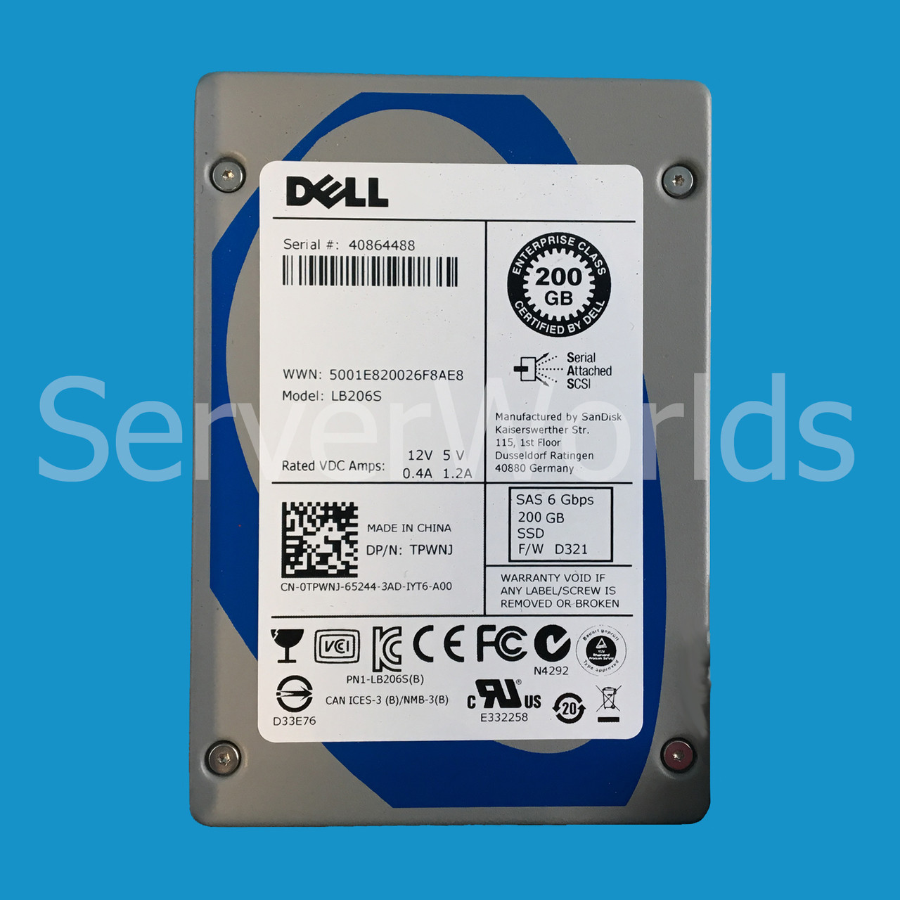 Dell TPWNJ 200GB SAS 6GBPS 2.5" SSD LB206S