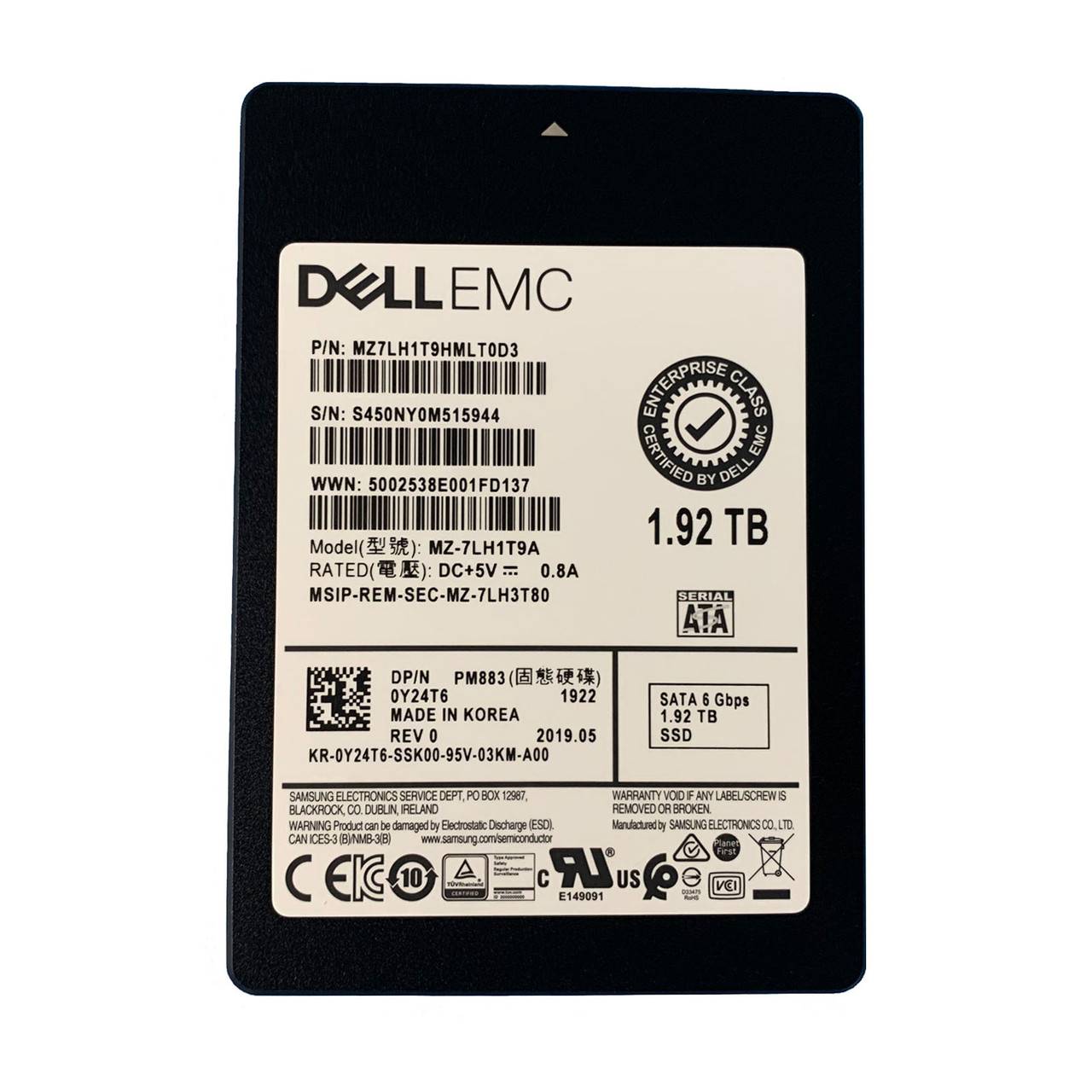 Dell Y24T6 1.92TB 6GB SATA 2.5" SSD MZ7LH1T9HMLT0D3 MZ-7LH1T9A