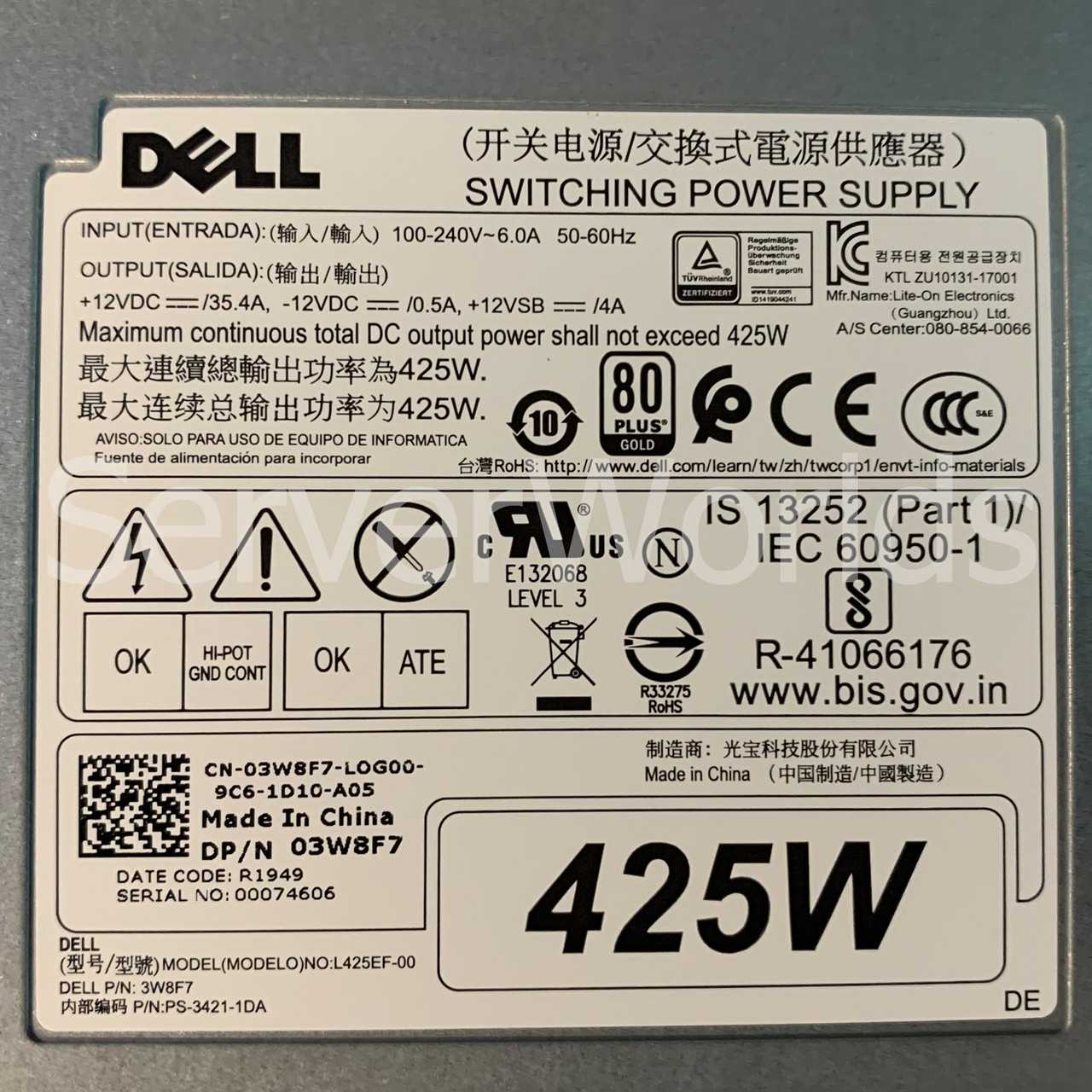 Dell 3W8F7 Precision T5820 425W Power Supply L425EF-00 PS-3421-1DA
